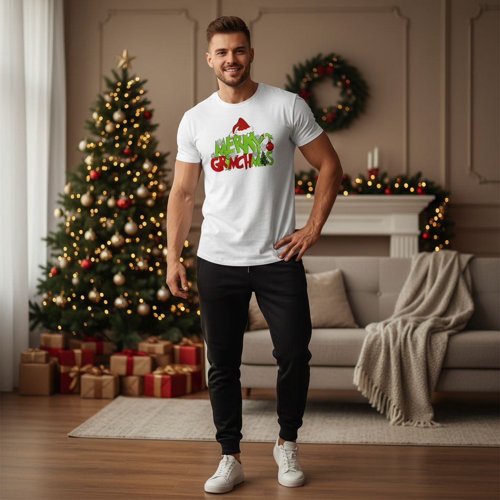 Grinch Weihnachts T-Shirt Unisex mit Merry Grinchmas Design - Lifestyle Foto