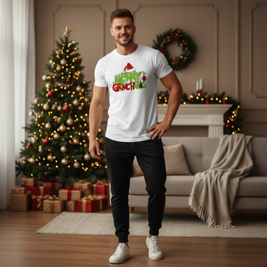 Grinch Weihnachts T-Shirt Unisex mit Merry Grinchmas Design - Lifestyle Foto