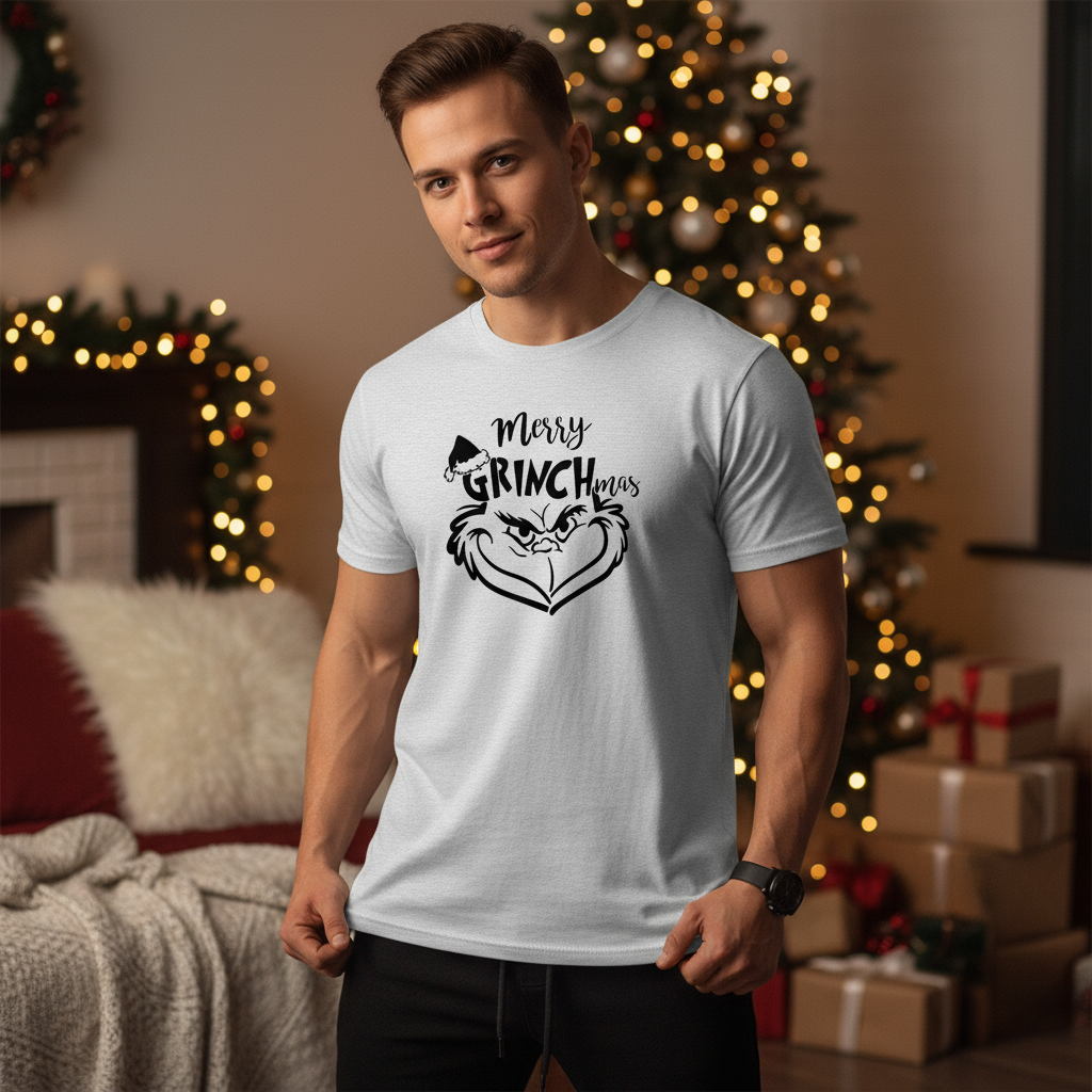 Grinch T-Shirt mit Merry Grinchmas Gesicht Design - Lifestyle Foto Unisex