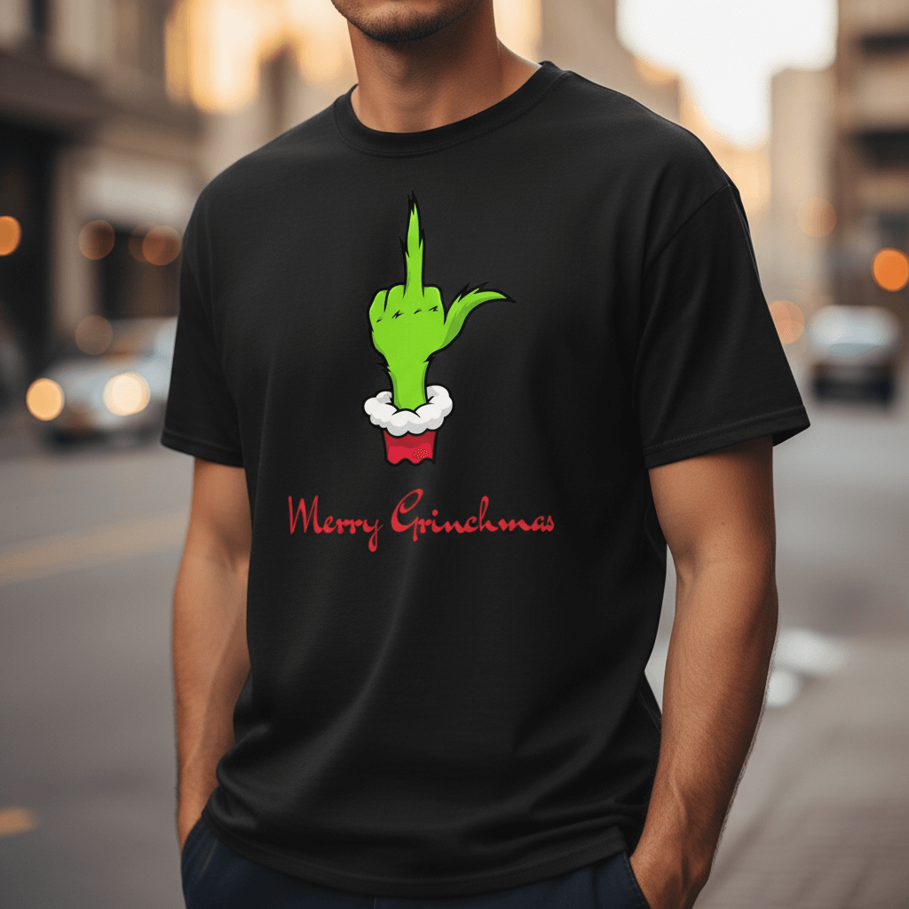 Merry Grinchmas T-Shirt - Lifestyle Foto mit Grinch Design