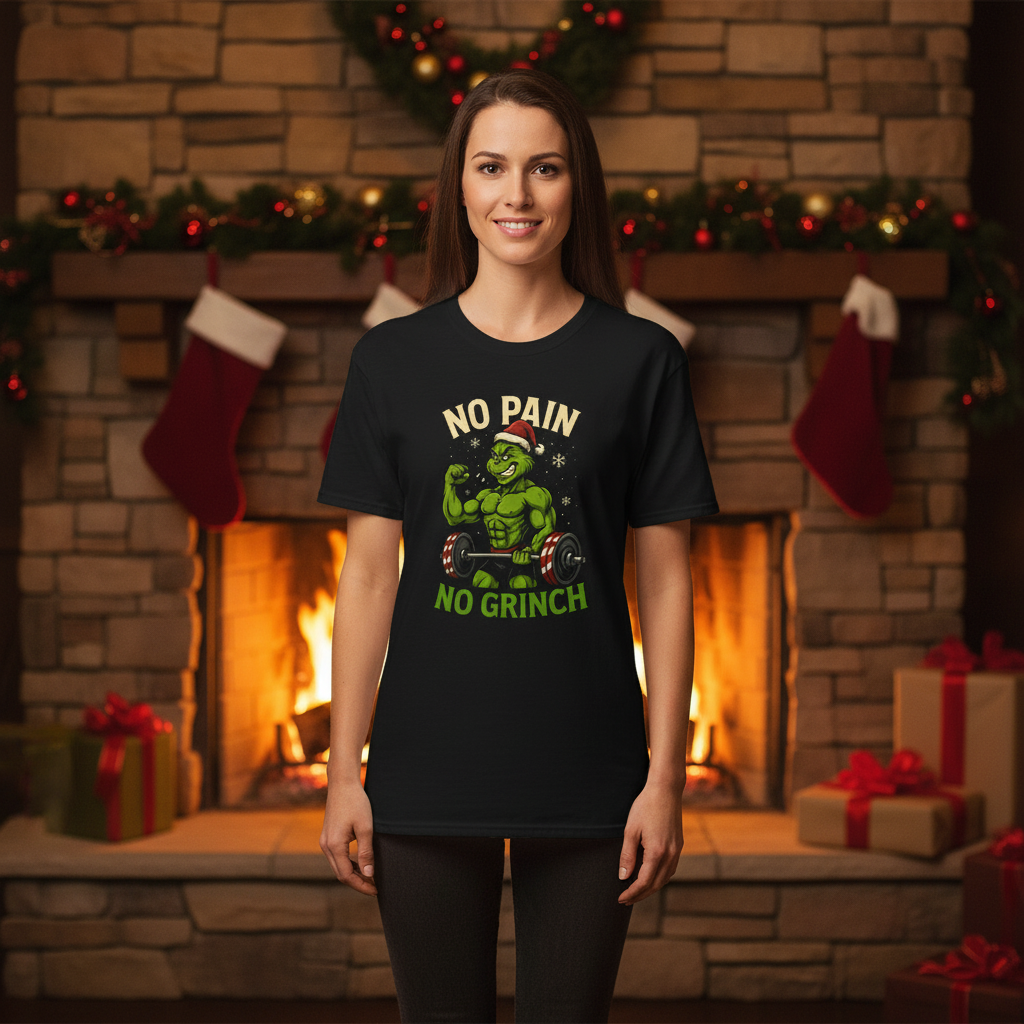 Person mit No Pain No Grinch T-Shirt vor Kamin