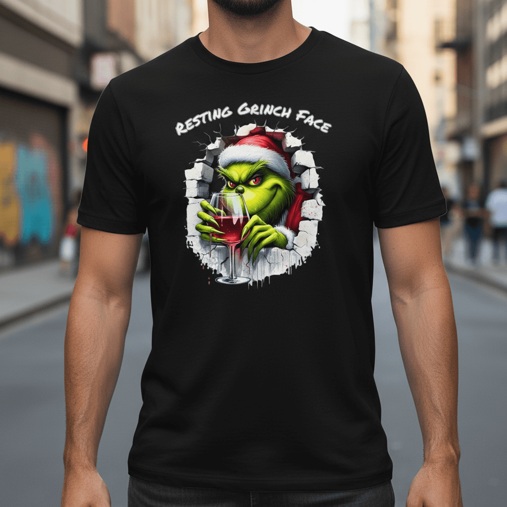 Resting Grinch Face T-Shirt - Lifestyle Foto mit Grinch und Weinglas Design