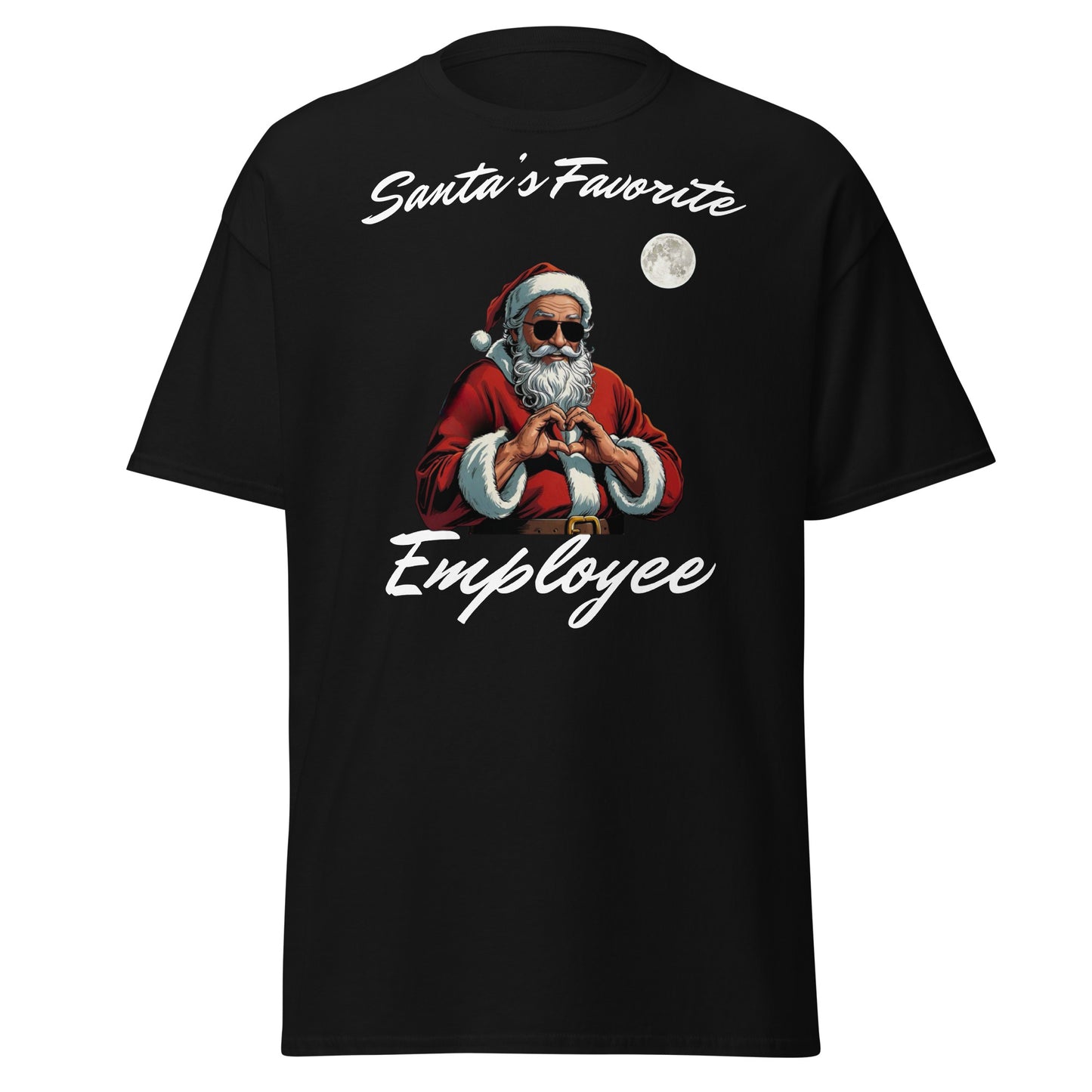 "Santa's Favorite Employee T-Shirt schwarz Vorderseite mit Weihnachtsmann-Motiv"