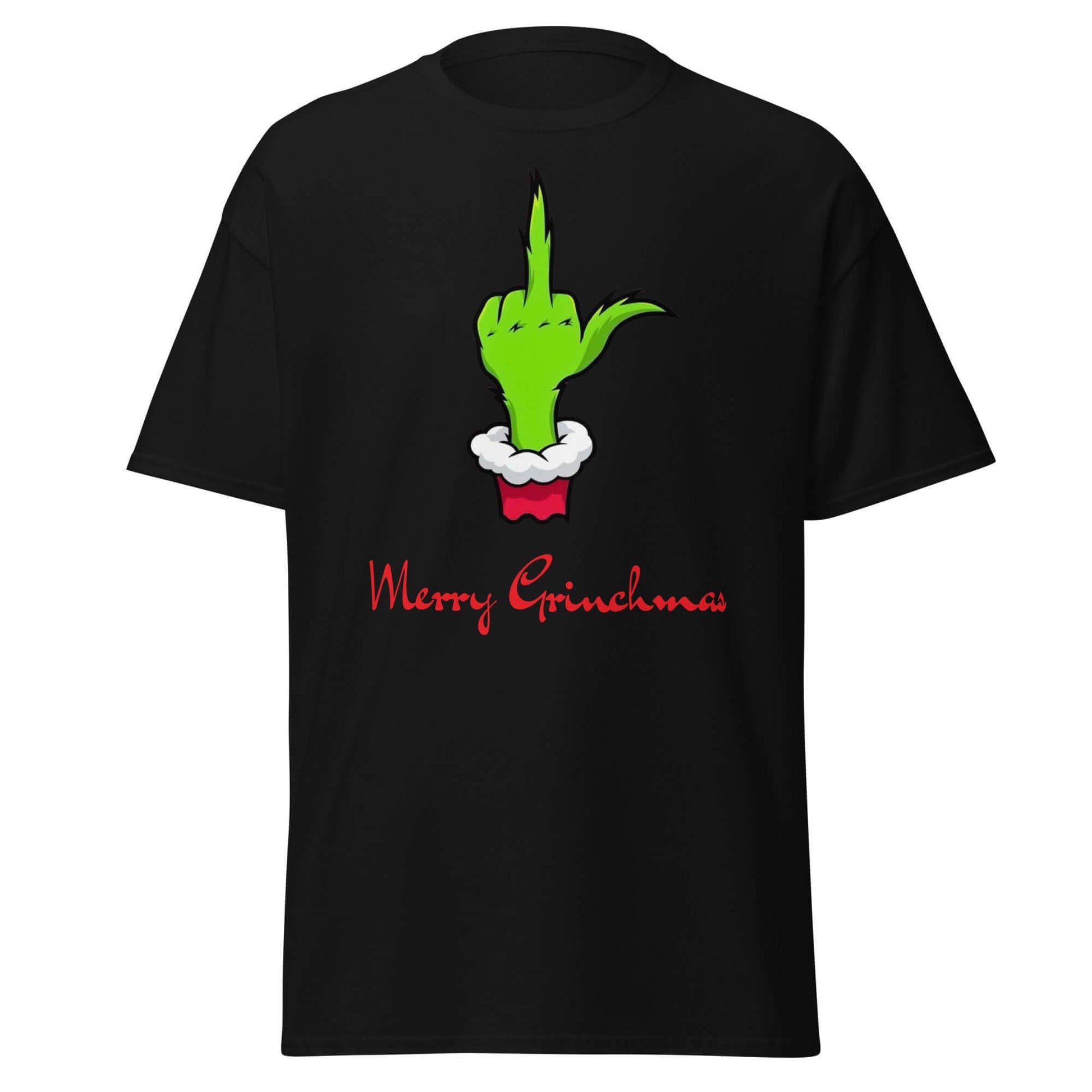 Merry Grinchmas T-Shirt Schwarz - Vorderseite mit Grinch-Hand