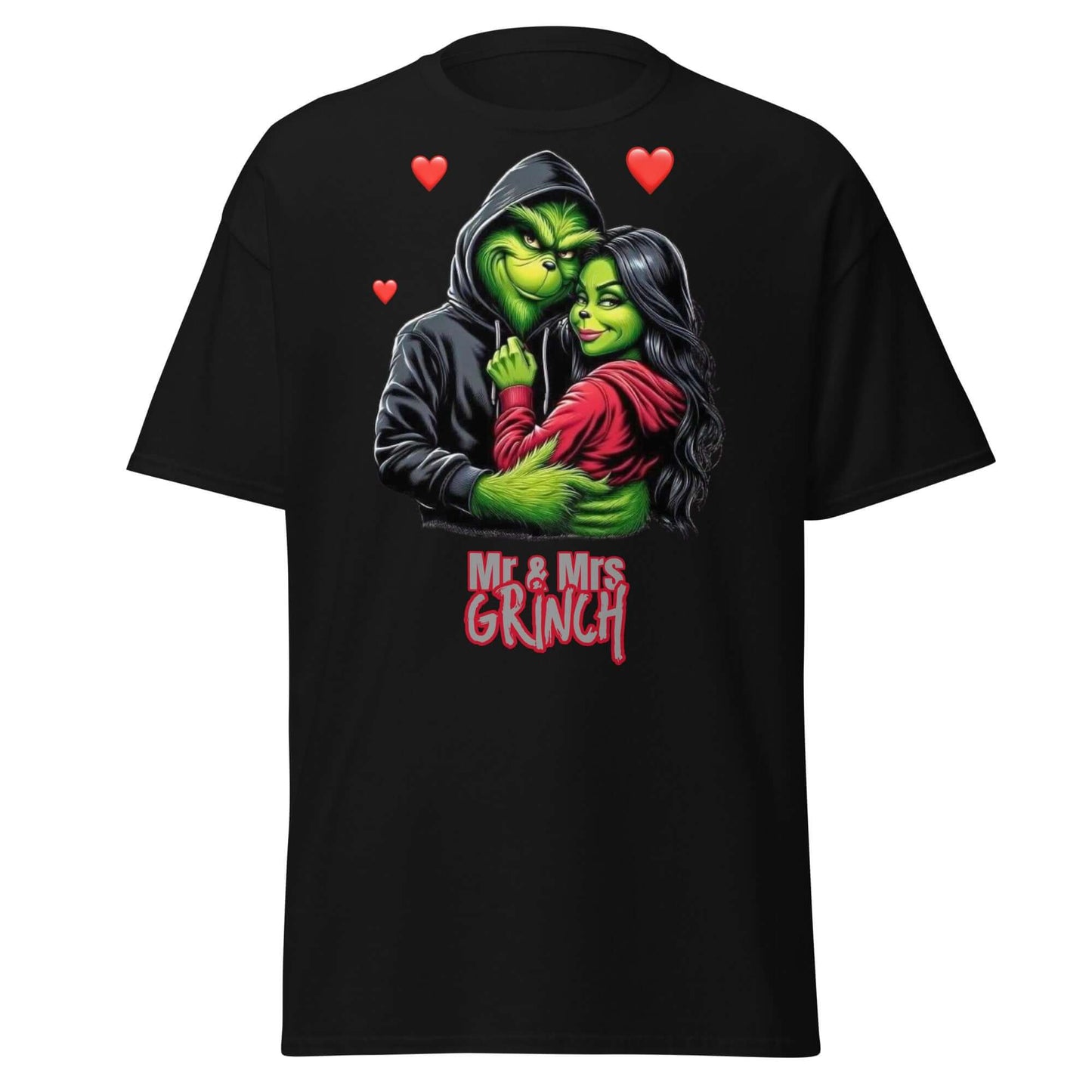Mr & Mrs Grinch T-Shirt Schwarz - Vorderseite mit Pärchen Design