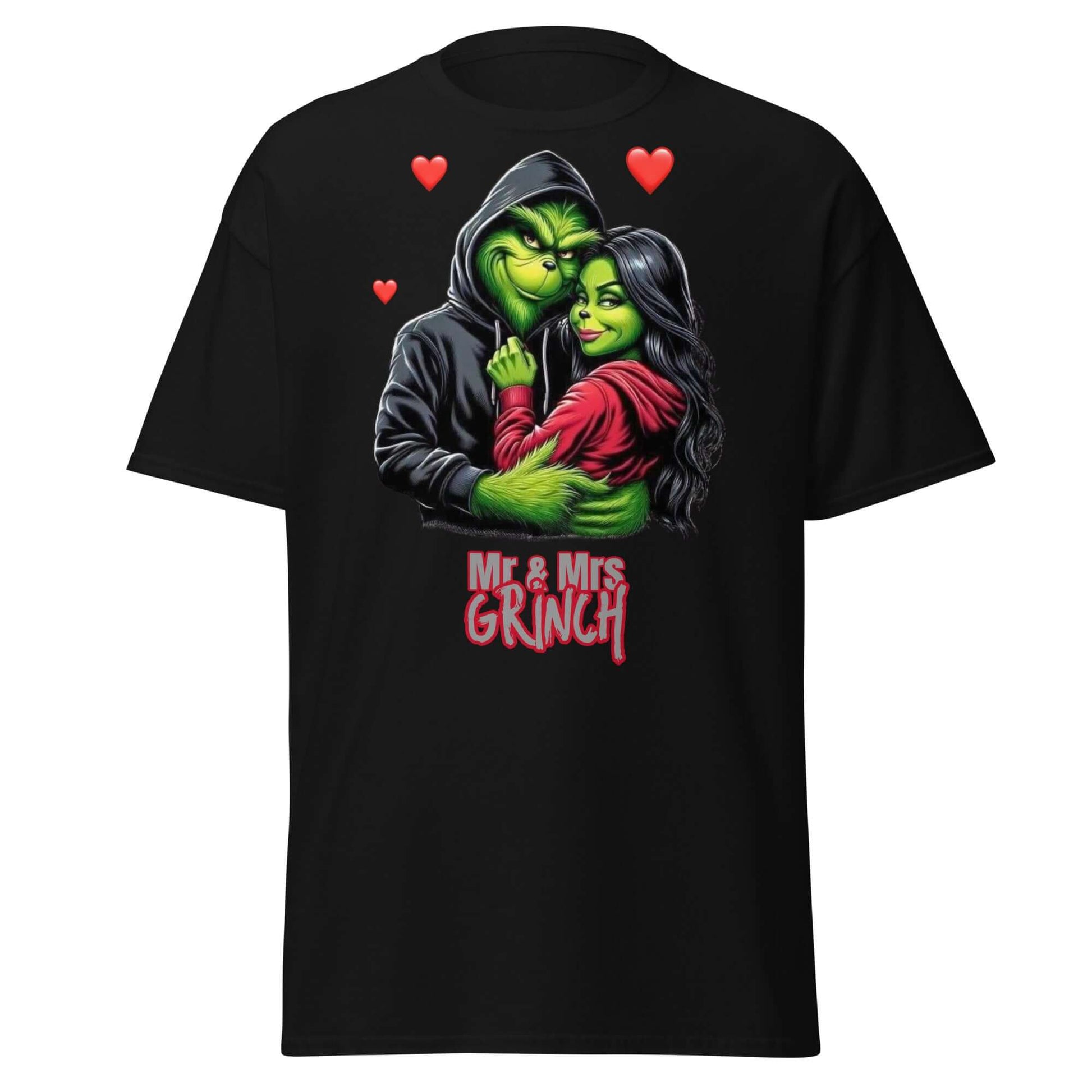 Mr & Mrs Grinch T-Shirt Schwarz - Vorderseite mit Pärchen Design
