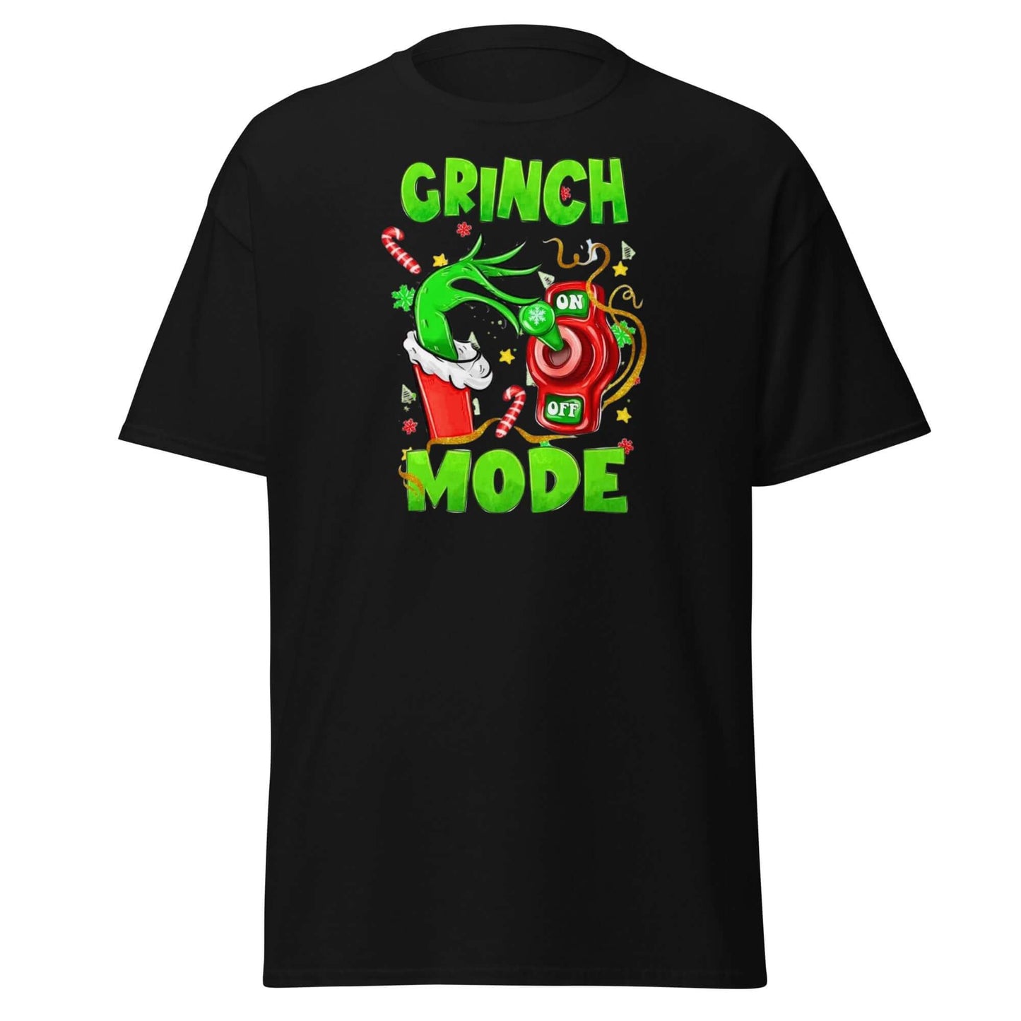 Grinch Mode T-Shirt Schwarz - Vorderseite mit ON/OFF Schalter Motiv