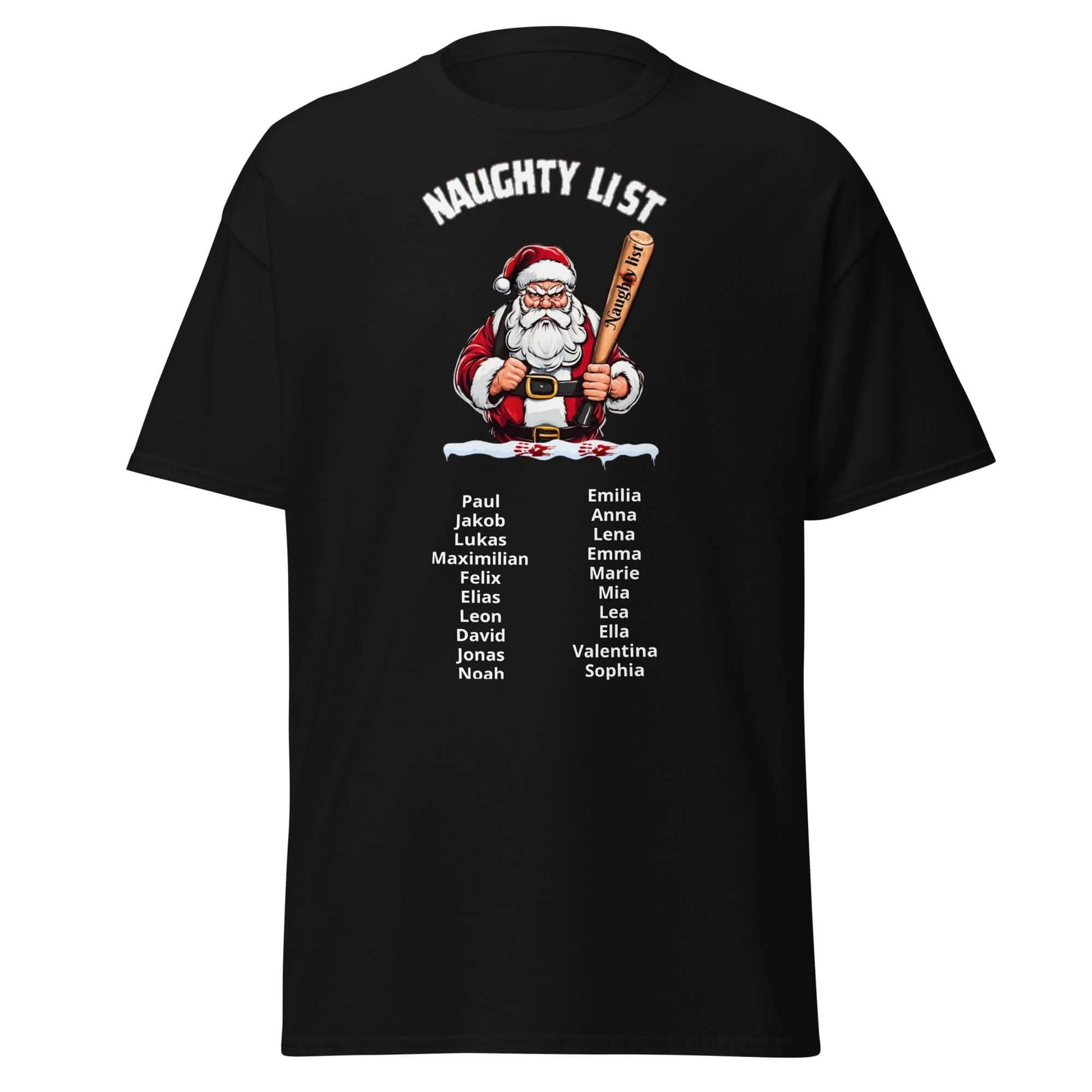Naughty List T-Shirt Schwarz - Vorderseite mit Weihnachtsmann Motiv