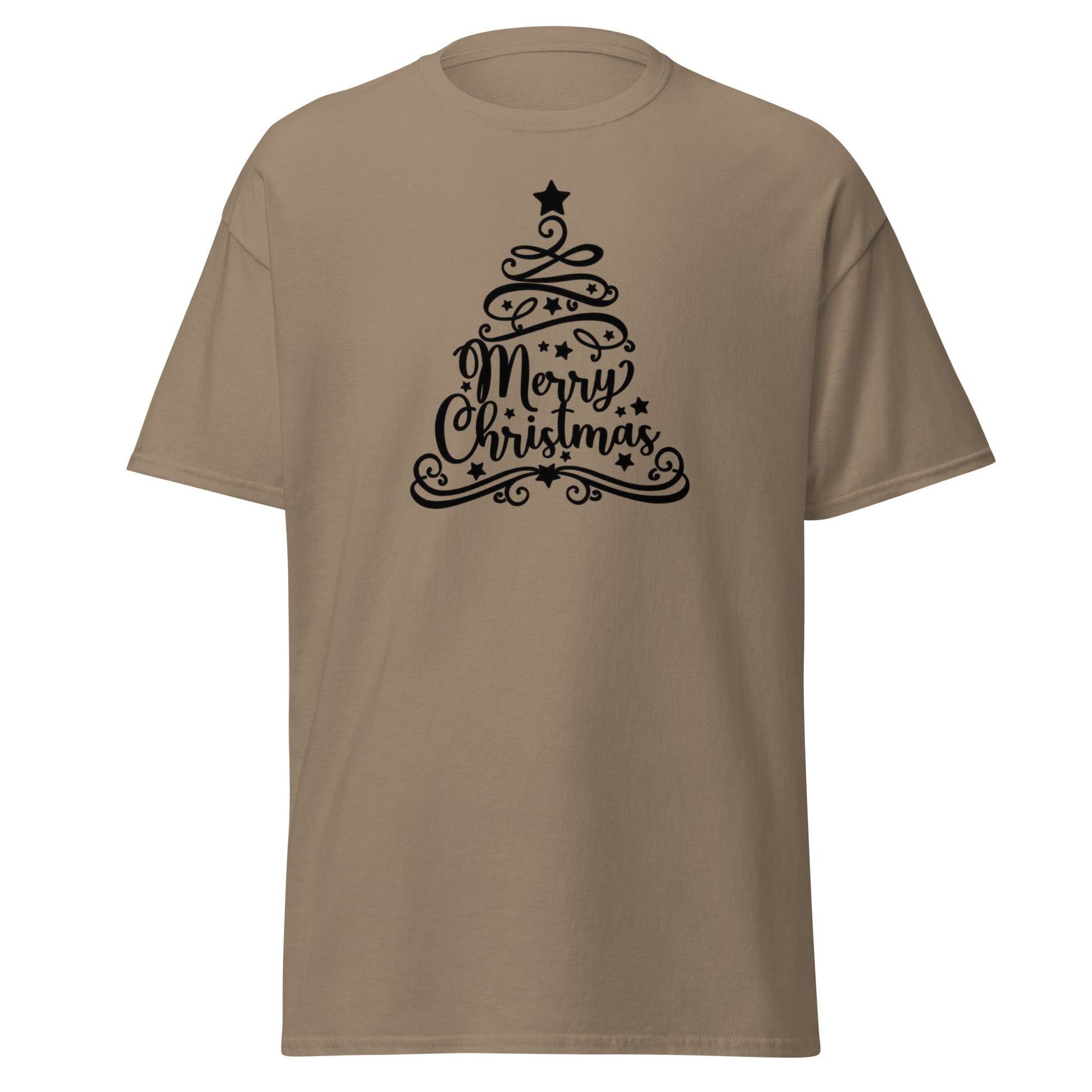 Elegantes Weihnachts T-Shirt in Brown Savana - Kalligrafie Tannenbaum Vorderansicht