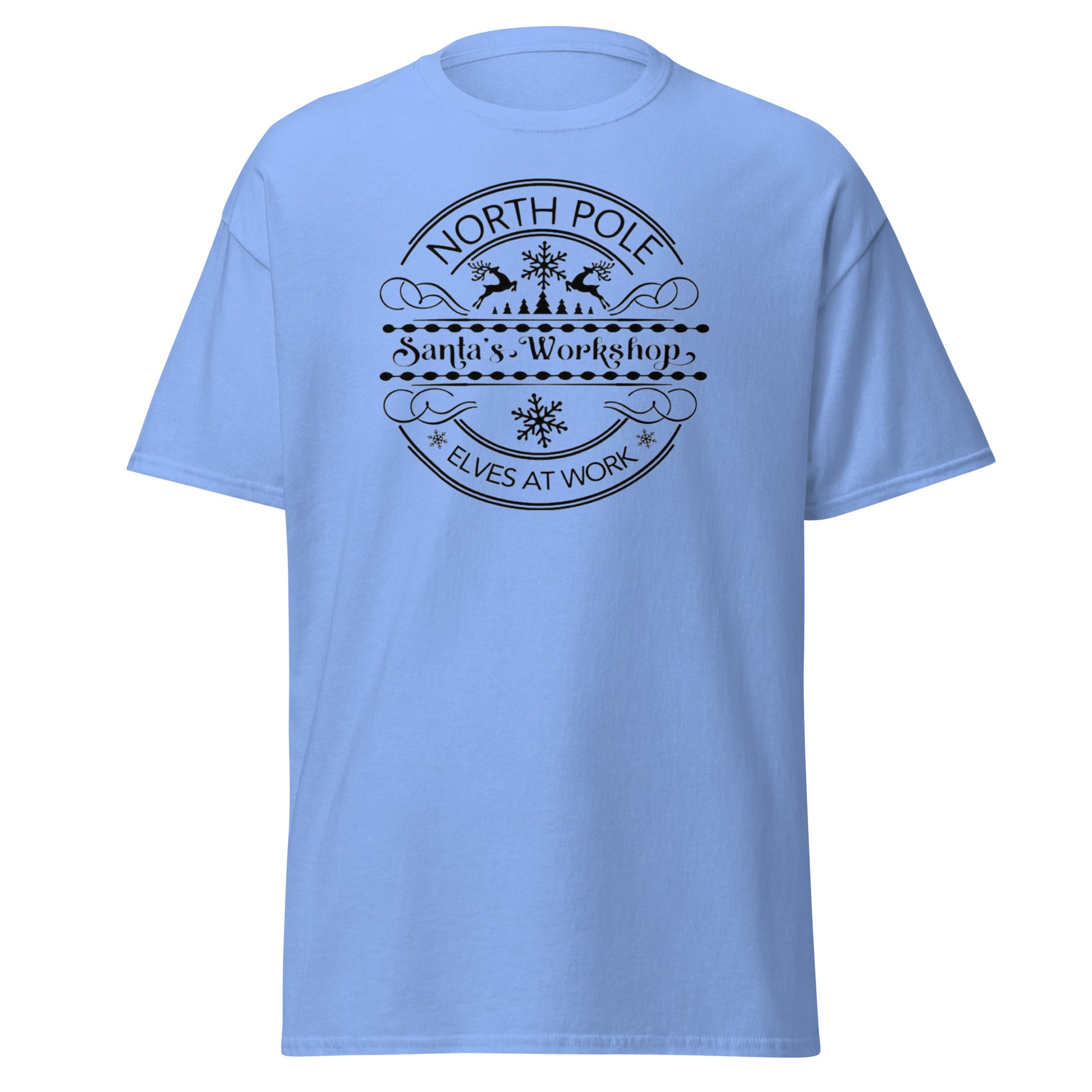 North Pole Santa's Workshop T-Shirt in Carolina Blue - Unisex Weihnachts Tee Vorderansicht