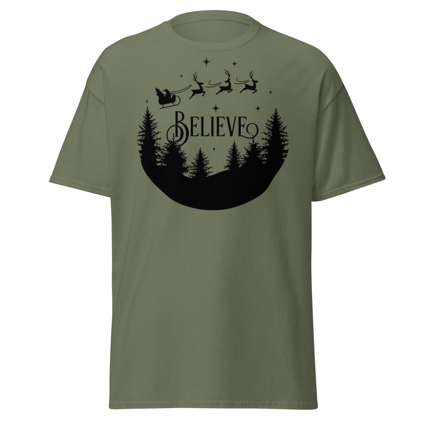 Believe Weihnachts T-Shirt in Military Green - Unisex Christmas Tee Vorderansicht