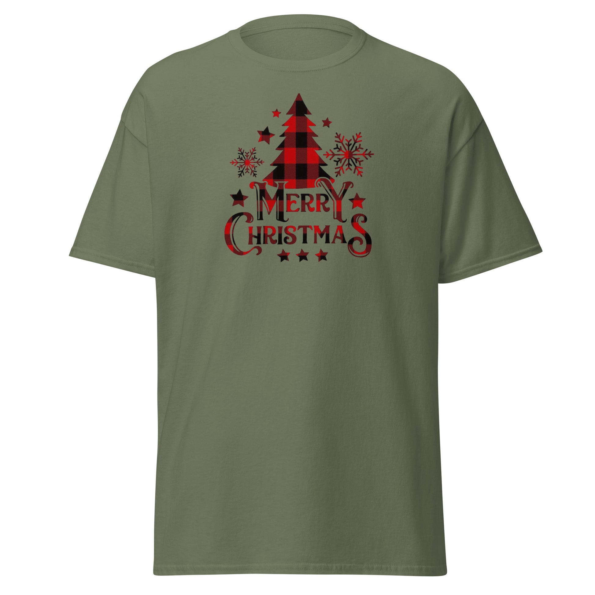 Merry Christmas T-Shirt in Military Green - Unisex Buffalo Plaid Weihnachts Tee Vorderansicht