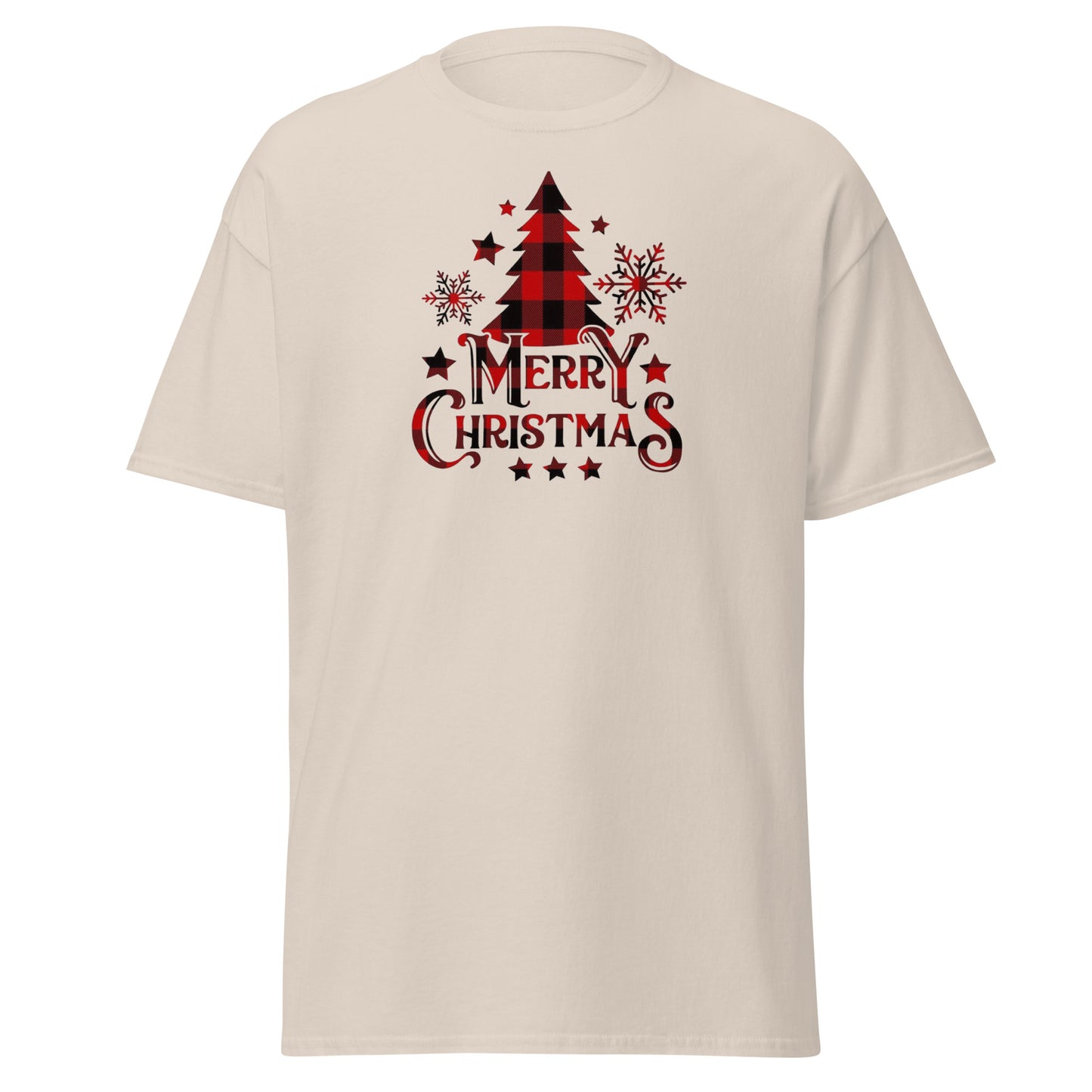 Merry Christmas T-Shirt in Natural - Buffalo Plaid Weihnachts Tee Unisex Vorderansicht
