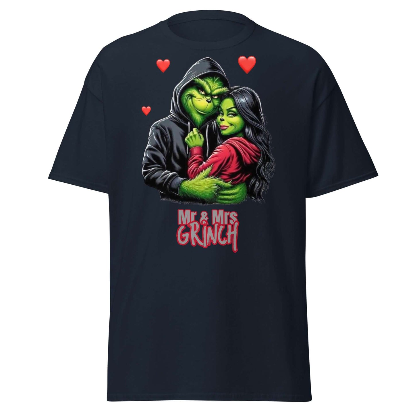 Mr & Mrs Grinch T-Shirt Navy - Vorderseite mit Mr Mrs Grinch Design