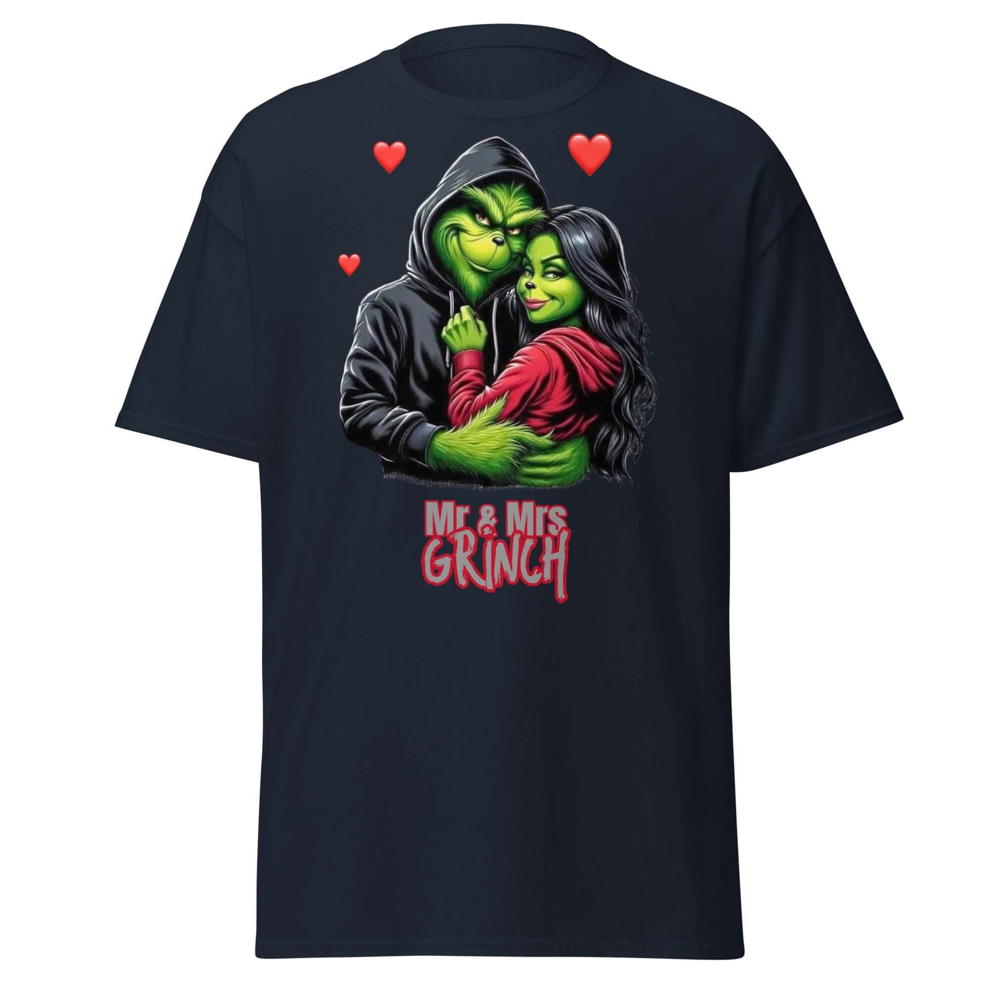 Mr & Mrs Grinch T-Shirt Navy - Vorderseite mit Mr Mrs Grinch Design