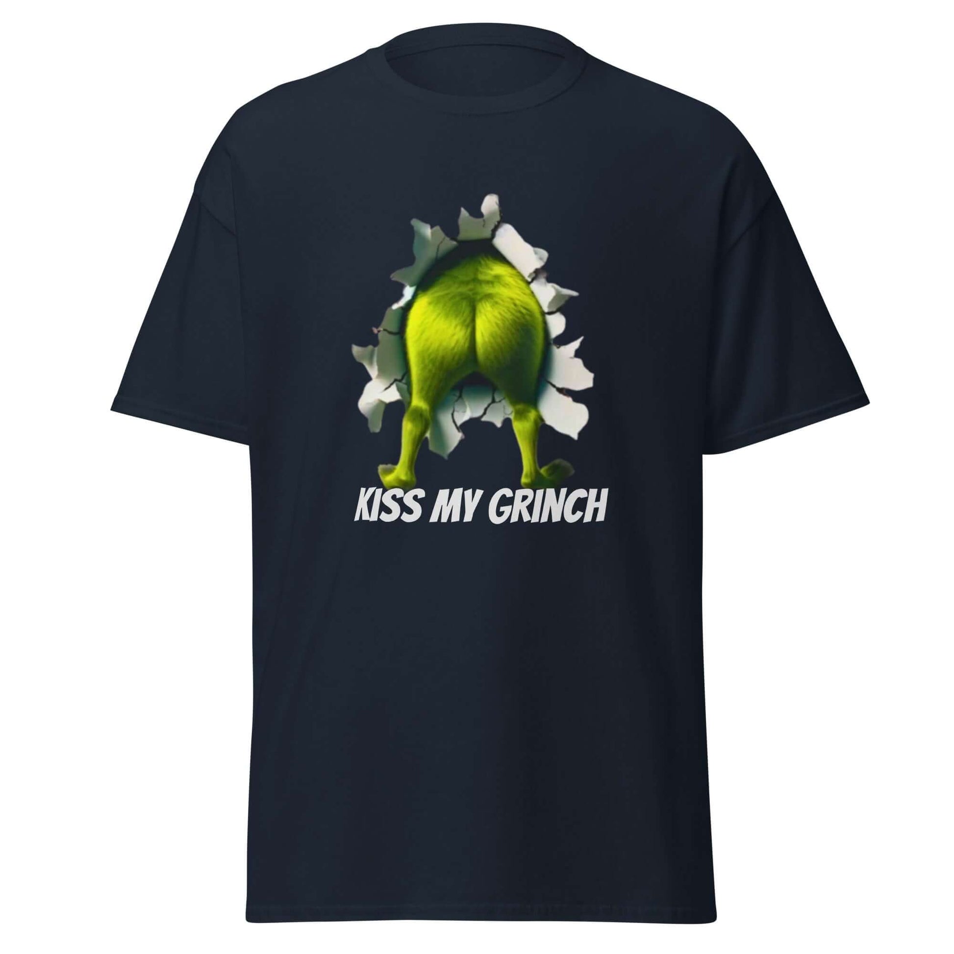 Kiss My Grinch T-Shirt Navy - Vorderseite mit Grinch Hintern Motiv