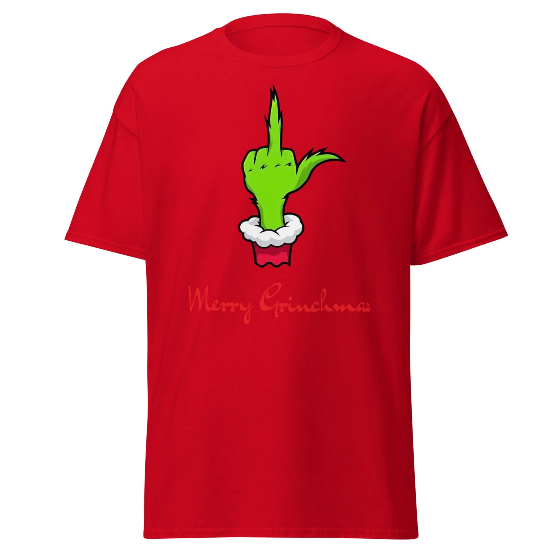 Merry Grinchmas T-Shirt Rot - Vorderseite mit Grinch-Hand