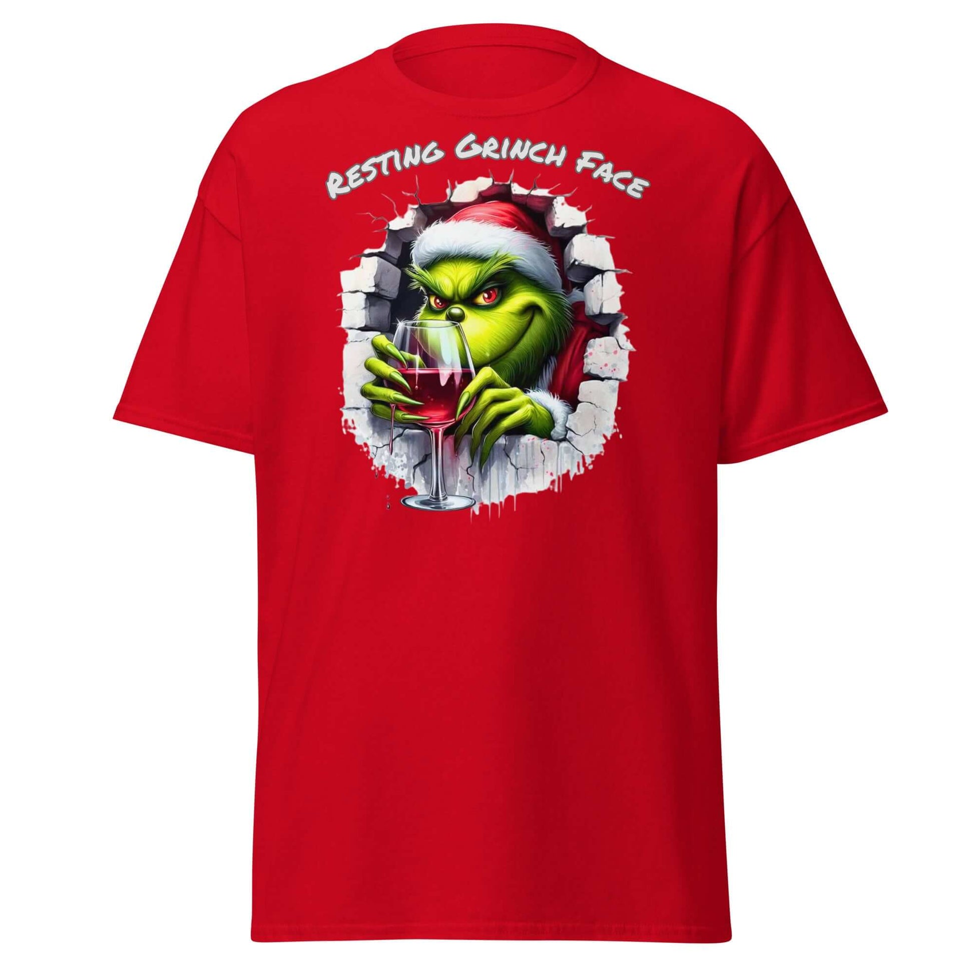 Resting Grinch Face T-Shirt Rot - Vorderseite mit Weinglas Motiv