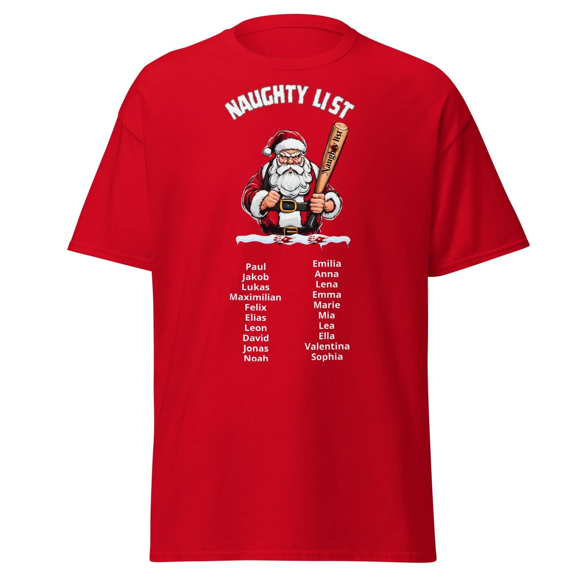 Naughty List T-Shirt Rot - Vorderseite mit Weihnachtsmann Namen-Liste