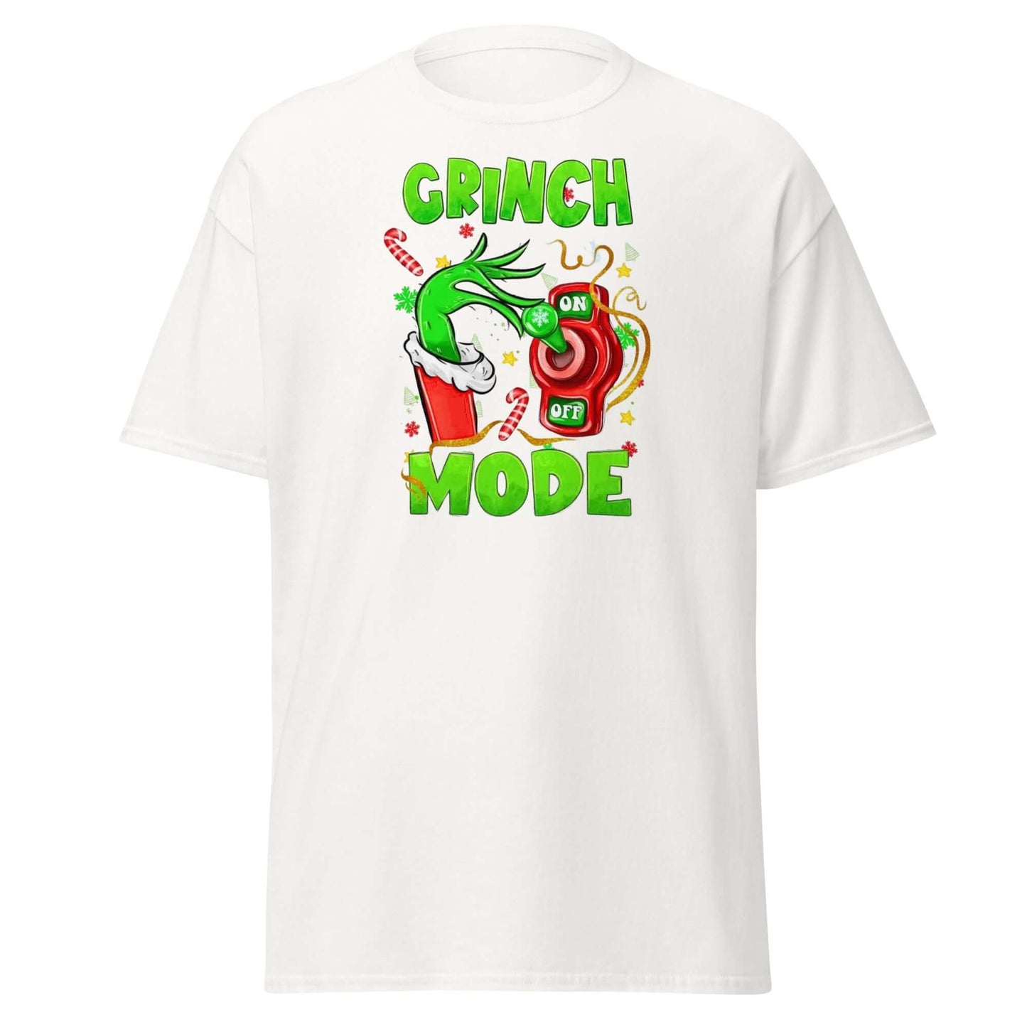 Grinch Mode T-Shirt Weiß - Vorderseite mit buntem Grinch Schalter Motiv