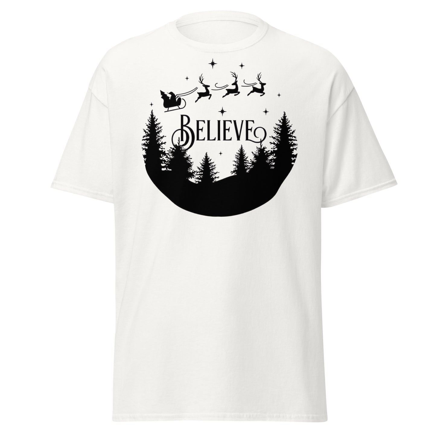 Believe Weihnachts T-Shirt in White - Unisex Christmas Tee Vorderansicht